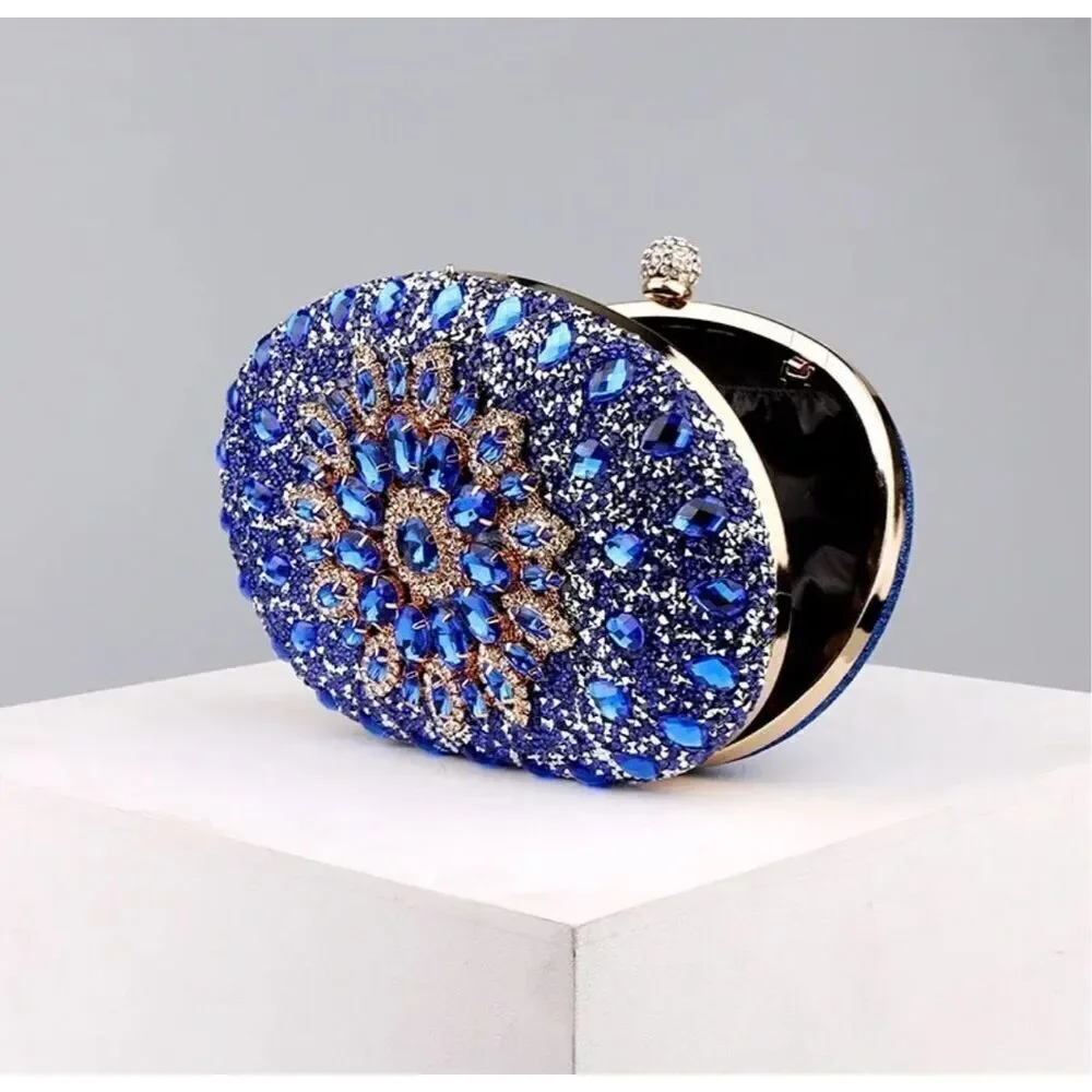 Ramla handmade Sparkling Blue Simulate Diamond Womens Clutch Handbag with strap